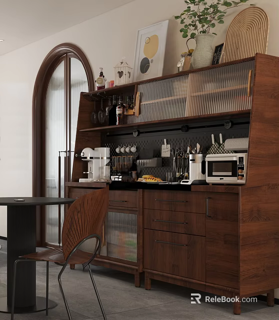Wooden Sideboard With Storage Drawers Cabinets Coffee Machine Microwave And Decorative Items In Modern Kitchen 3d model 