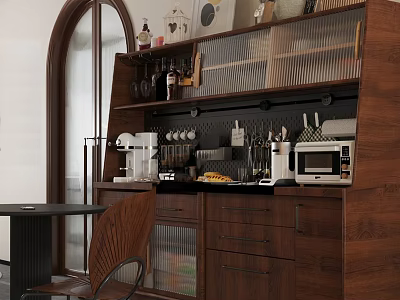 Wooden Sideboard With Storage Drawers Cabinets Coffee Machine Microwave And Decorative Items In Modern Kitchen 3d model
