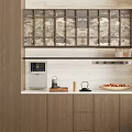 Modern Wooden Sideboard With Decorative Doors Drawers Coffee Machine And Fruit Platter