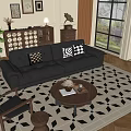 Casual Black Leather Sofa Set With Checkered Pillows Geometric Rug And Wooden Coffee Table
