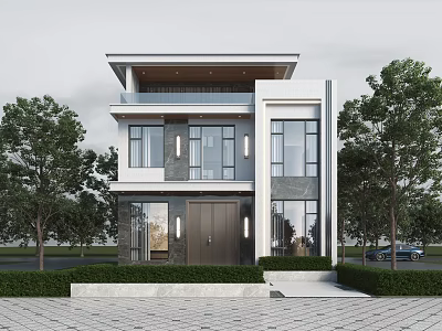 Modern Two Story Detached Villa Exterior With Large Glass Windows Symmetric Lighting And Front Lawn 3d model