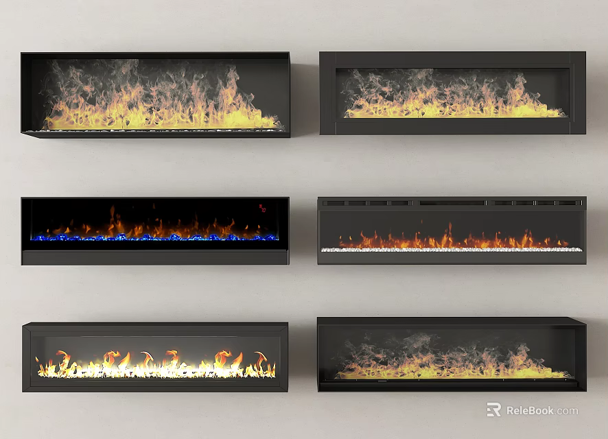 Modern Black Fireplace Designs Featuring Various Flame Effects And Styles 3d model