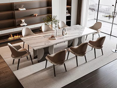 Modern Dining Table Set With Marble Top And Stylish Chairs Near Fireplace And Windows 3d model
