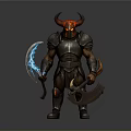 Mythical Demon Warrior With Red Black Horns Metal Armor Blue Glowing Scythe And Axe