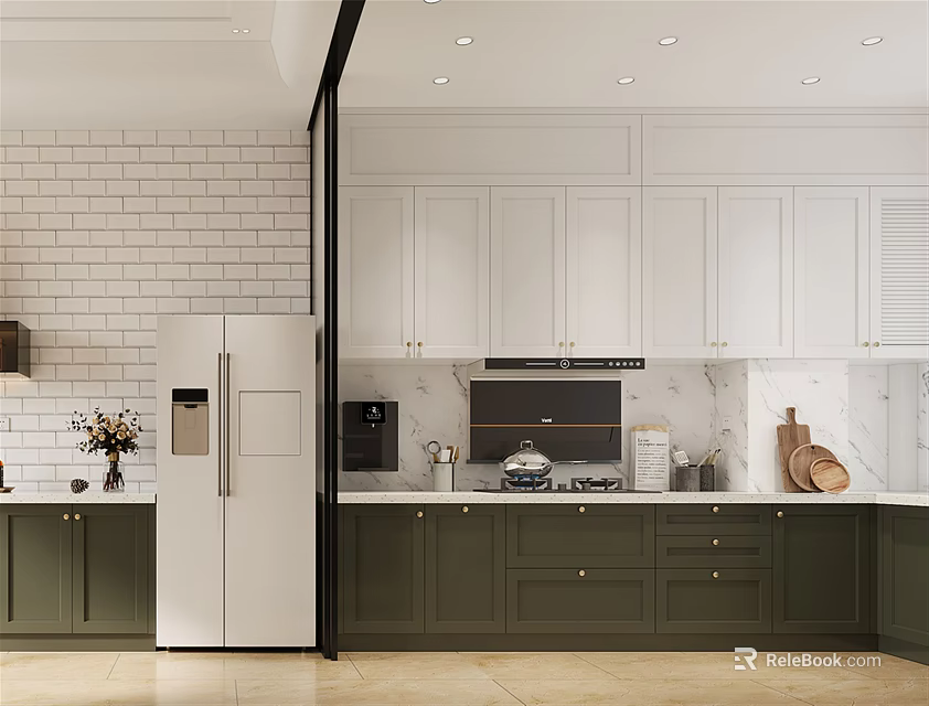Modern Kitchen Interior With White And Dark Green Cabinets Marble Countertops And Brick Wall 3d model 