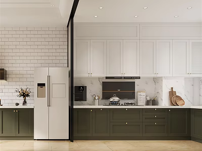 Modern Kitchen Interior With White And Dark Green Cabinets Marble Countertops And Brick Wall 3d model