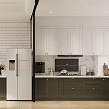 Modern Kitchen Interior With White And Dark Green Cabinets Marble Countertops And Brick Wall