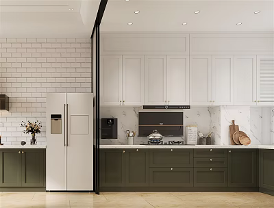 Modern Kitchen Interior With White And Dark Green Cabinets Marble Countertops And Brick Wall 3d model