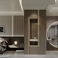 Elegant Modern Bedroom Interior With Gray Tones Wooden Elements And Round Mirror 3d model