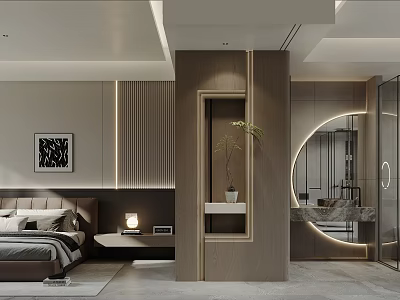 Elegant Modern Bedroom Interior With Gray Tones Wooden Elements And Round Mirror 3d model