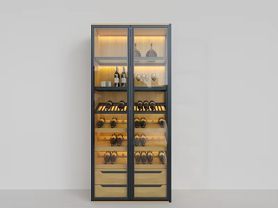 Modern Wine Cabinet With Glass Doors Wooden Shelves Built in Lighting And Wine Bottle 3d model