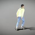 Man wearing yellow hoodie with black text DR SAVAGE on skateboard against gray background