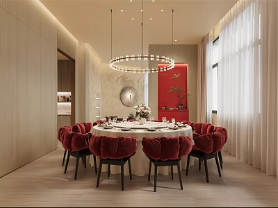 Luxurious Private Dining Room With Round Table Red Velvet Chairs And Chandelier 3d model