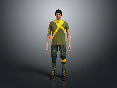 Man Wearing Green T Shirt With Yellow Cross Straps Camouflage Pants And Yellow Knee Pads 3d model