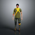 Man Wearing Green T Shirt With Yellow Cross Straps Camouflage Pants And Yellow Knee Pads