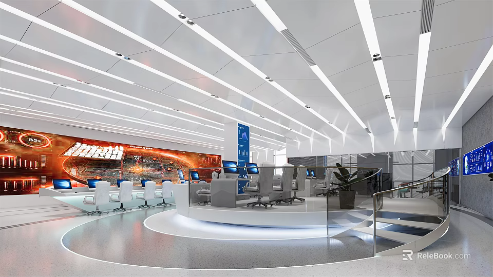 Modern Control Room Interior With Multiple Monitoring Screens Workstations And Bright Lighting Setup 3d model 