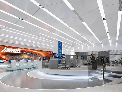 Modern Control Room Interior With Multiple Monitoring Screens Workstations And Bright Lighting Setup 3d model