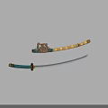 Traditional Japanese Katana Swords with Blue Gold Handle Yellow Sheath and Ornamental Details