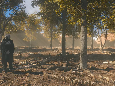 Scenic Forest Landscape With Yellow Leaves Sunlight Stumps And Wood Chips Under Blue Sky 3d model