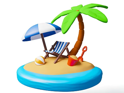 Tropical Beach Scenery with Palm Tree Striped Umbrella Beach Chair And Sand Toys 3d model