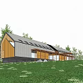Modern Wooden Single Family House In Grassy Area With Trees And Walking Family