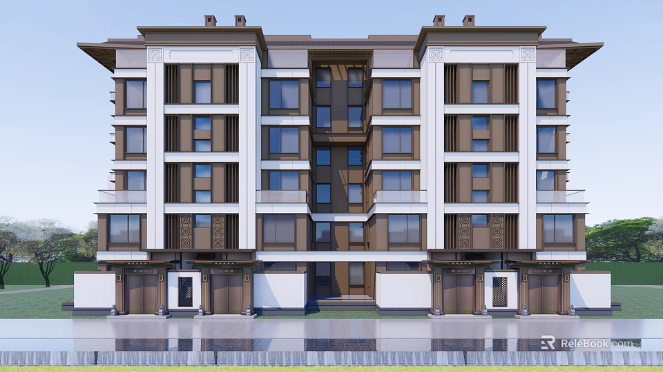 Modern Multi Storey Residential Building Exterior With Symmetrical Design And Balconies 3d model 