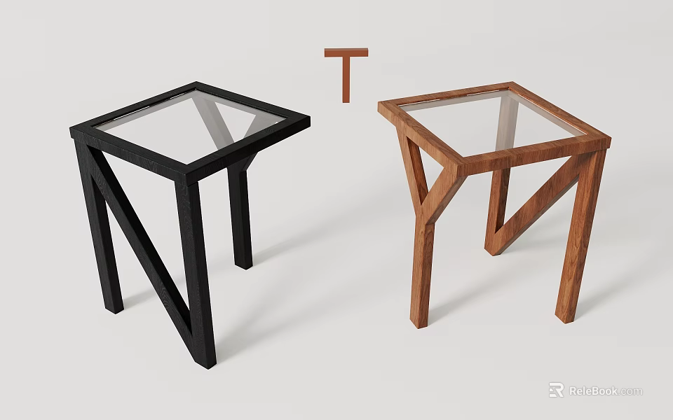 Modern Glass Top Stools With Black And Wooden Geometric Frame Design 3d model 