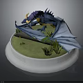 Colorful Dragon Figure with Purple Blue Wings on White Pedestal Green Grass and Wooden Log