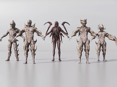 Men Standing in Different Armor With Mechanical and Organic Design Features 3d model
