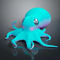 Cute Blue Purple Octopus with Big Eyes and Pink Cheeks on Dark Reflective Background