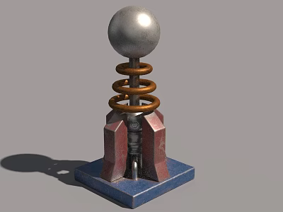 Silver Sphere On Brown Springs With Red Gray Base And Blue Square Platform 3d model