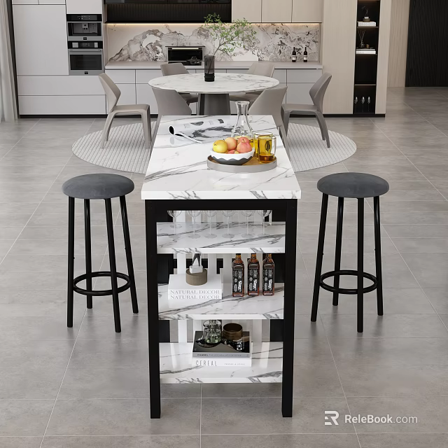 Elegant Modern Restaurant Kitchen Featuring Marble Island Bar Stools Open Shelves Fruit Platter And Drinks 3d model