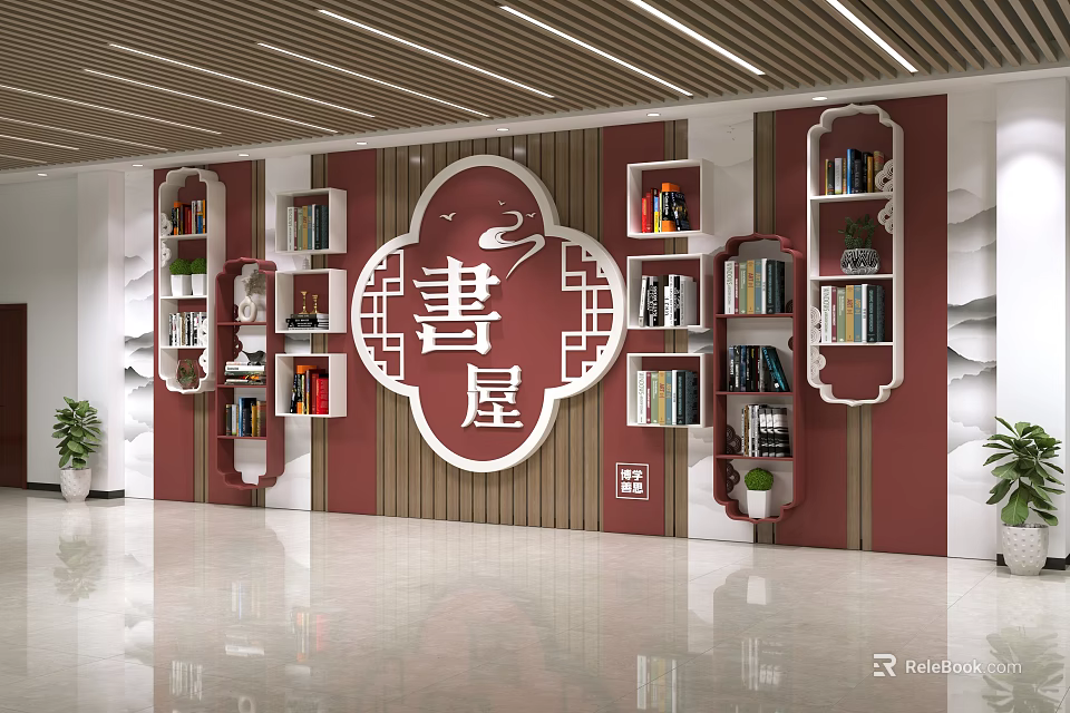Modern Study Room With Red Brown Striped Walls And White Bookcases With Books And Decorations 3d model 