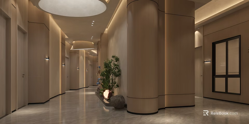 Modern Wooden Decor Storefront Reception with Circular Ceiling Green Plants and Marble Floor 3d model 