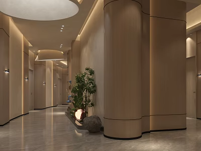 Modern Wooden Decor Storefront Reception with Circular Ceiling Green Plants and Marble Floor 3d model