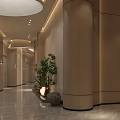 Modern Wooden Decor Storefront Reception with Circular Ceiling Green Plants and Marble Floor