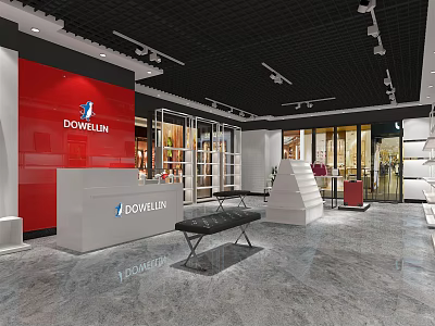 Dowellin Modern Specialty Store With Red Wall White Desk Glass Displays And Black Bench 3d model