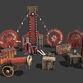 Vintage Amusement Equipment With Old Fashioned Carousel Parts Game Booths And Metal Decorations