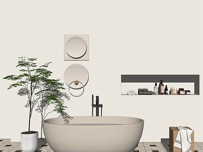 Modern Freestanding Bathtub Bathroom Interior With Green Plant And Black Faucet 3d model