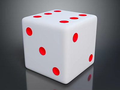 White Dice With Red Dots On Shiny Surface And Dark Background Reflection 3d model