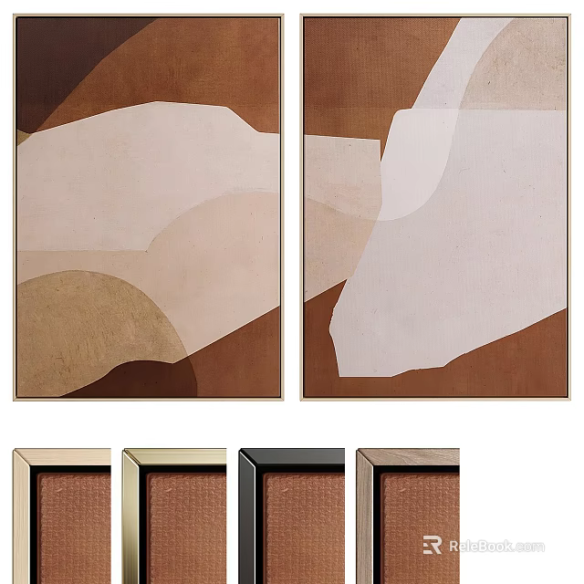 Abstract Oil Paintings Two Panel Neutral Tones With Gold Black Brown Frames 3d model