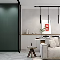 Modern Open Concept Dining and Living Room Interior With Green Cabinets Beige Sofa And Marble Countertop