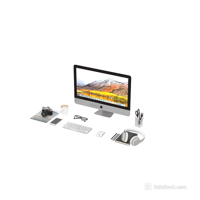 Desktop Computer Setup With Monitor Scenic Screen Keyboard Mouse Camera Coffee Cup Eyeglasses And Phone 3d model 