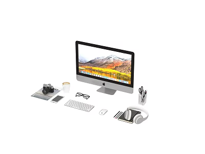 Desktop Computer Setup With Monitor Scenic Screen Keyboard Mouse Camera Coffee Cup Eyeglasses And Phone 3d model