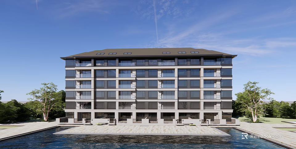 Modern Multi Story Apartment Building With Waterfront Stone Courtyard Large Glass Windows And Trees 3d model 