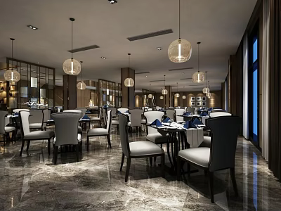 Modern Restaurant Interior Design With Elegant Dining Tables Chairs Hanging Pendant Lights And Marble Floor 3d model