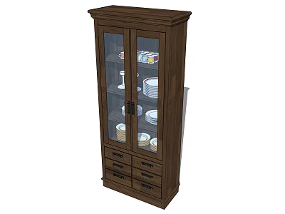 Classic Wooden Sideboard With Glass Doors And Drawers For Dinnerware 3d model
