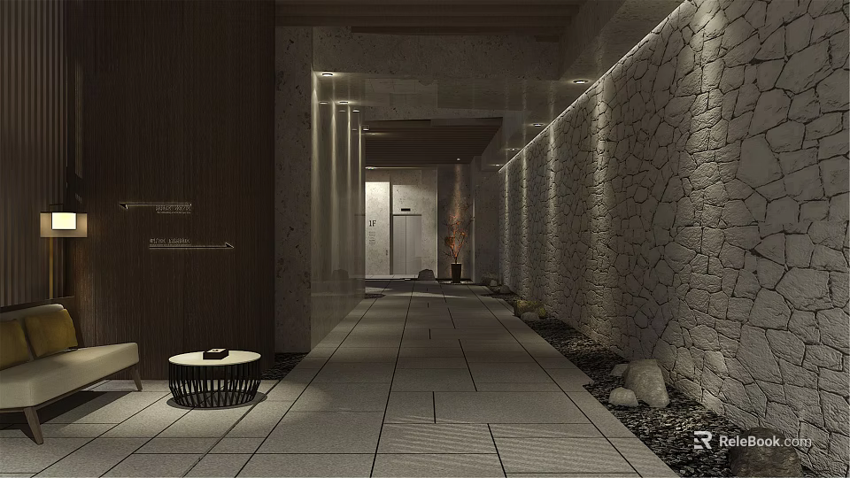 Modern Elevator Hallway Design with Stone Wall Tile Floor and Ambient Lighting 3d model