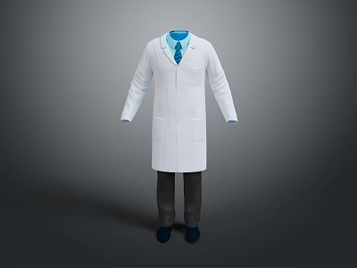 Professional White Long Lab Coat Outfit With Blue Shirt Tie Dark Pants And Shoes 3d model