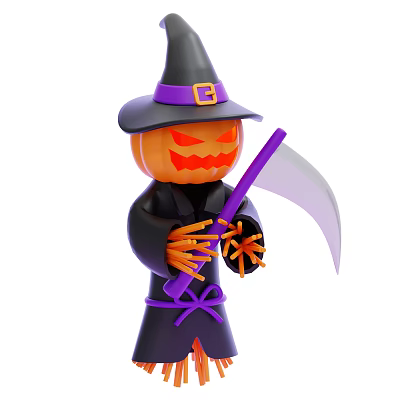 Halloween Decorative Ornament Set With Pumpkin Head Witch Holding Purple Sickle 3d model